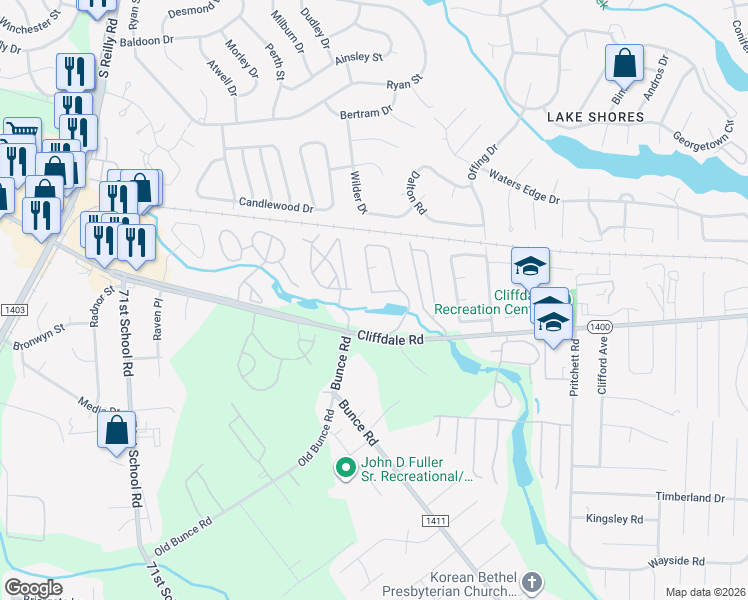 map of restaurants, bars, coffee shops, grocery stores, and more near 667 Bartons Landing Place in Fayetteville