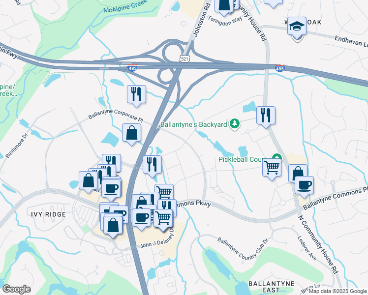 map of restaurants, bars, coffee shops, grocery stores, and more near 13303 Ballantyne Corporate Place in Charlotte
