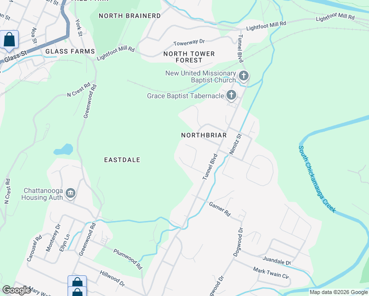 map of restaurants, bars, coffee shops, grocery stores, and more near 2317 Green Forest Lane in Chattanooga