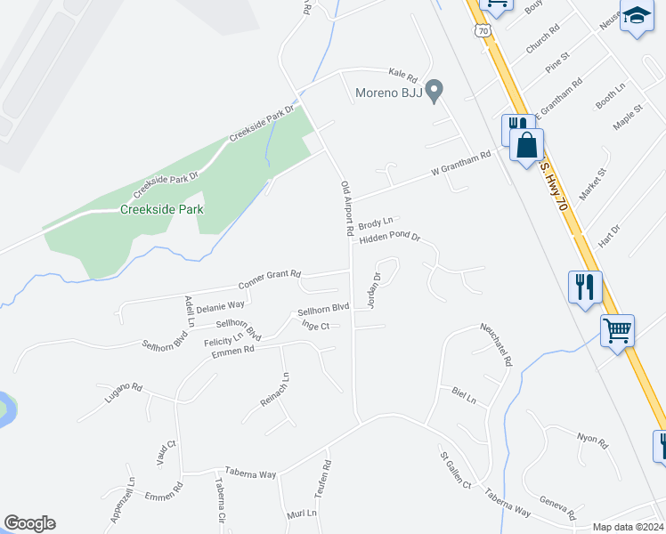 map of restaurants, bars, coffee shops, grocery stores, and more near 104 Conner Grant Road in New Bern