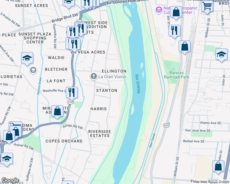 map of restaurants, bars, coffee shops, grocery stores, and more near 624 Riverside Drive Southwest in Albuquerque