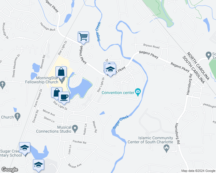 map of restaurants, bars, coffee shops, grocery stores, and more near 1066 Albany Park Drive in Fort Mill