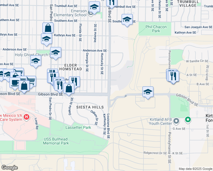 map of restaurants, bars, coffee shops, grocery stores, and more near 1109 Louisiana Boulevard Southeast in Albuquerque