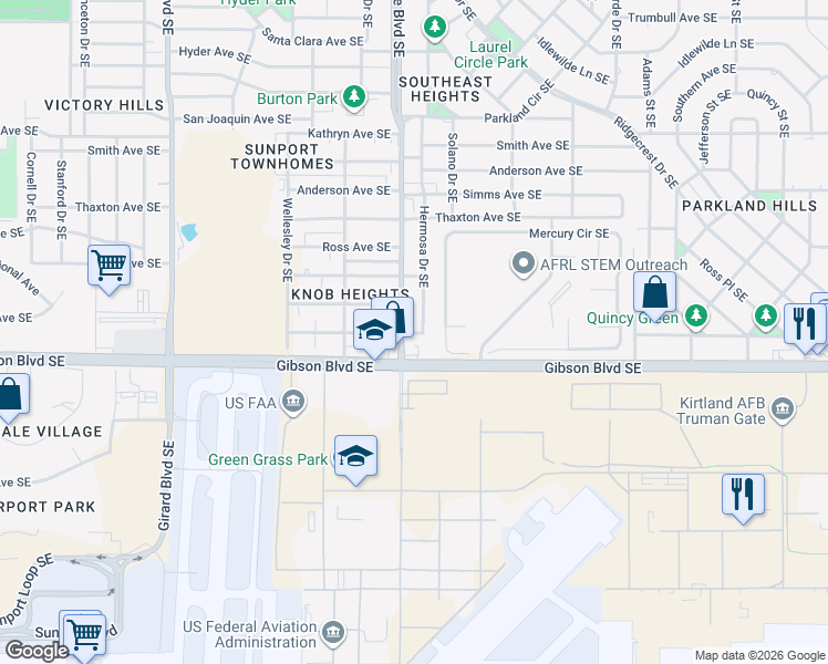 map of restaurants, bars, coffee shops, grocery stores, and more near 1519 Hermosa Drive Southeast in Albuquerque