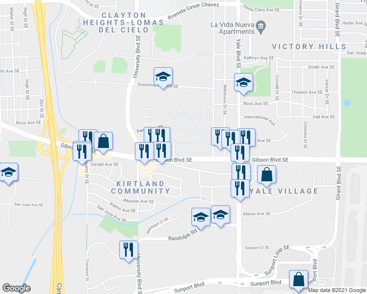 map of restaurants, bars, coffee shops, grocery stores, and more near 99999 Towne Center Lane in Albuquerque