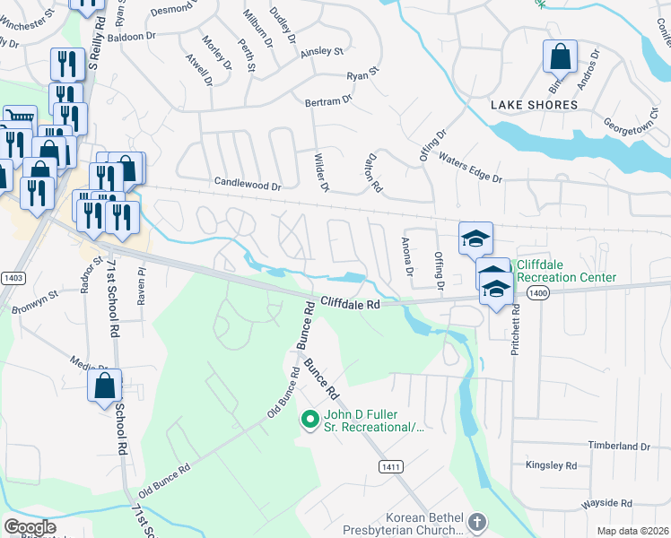 map of restaurants, bars, coffee shops, grocery stores, and more near 667 Bartons Landing Place in Fayetteville