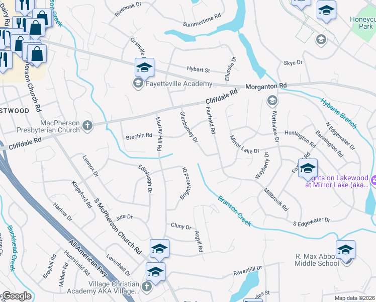 map of restaurants, bars, coffee shops, grocery stores, and more near 320 Glenburney Drive in Fayetteville