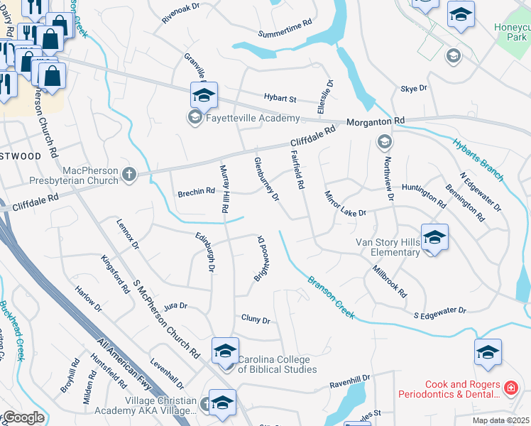 map of restaurants, bars, coffee shops, grocery stores, and more near 320 Glenburney Drive in Fayetteville