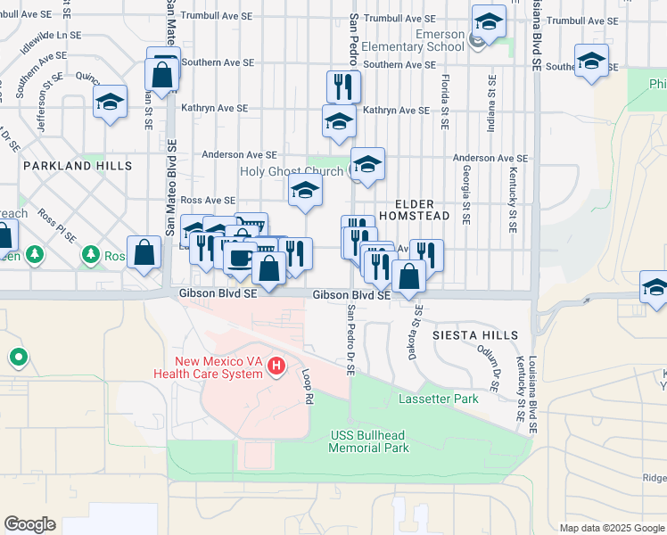 map of restaurants, bars, coffee shops, grocery stores, and more near 1201 San Pedro Drive Southeast in Albuquerque