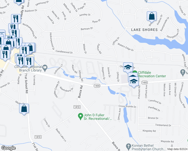 map of restaurants, bars, coffee shops, grocery stores, and more near 661 Bartons Landing Place in Fayetteville