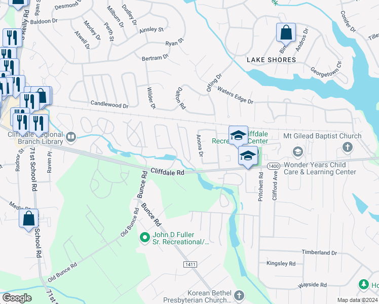 map of restaurants, bars, coffee shops, grocery stores, and more near 414 Regency Drive in Fayetteville