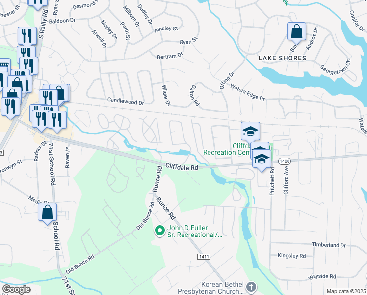 map of restaurants, bars, coffee shops, grocery stores, and more near 661 Bartons Landing Place in Fayetteville