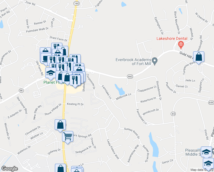 map of restaurants, bars, coffee shops, grocery stores, and more near 2744 Farmlake Lane in Fort Mill
