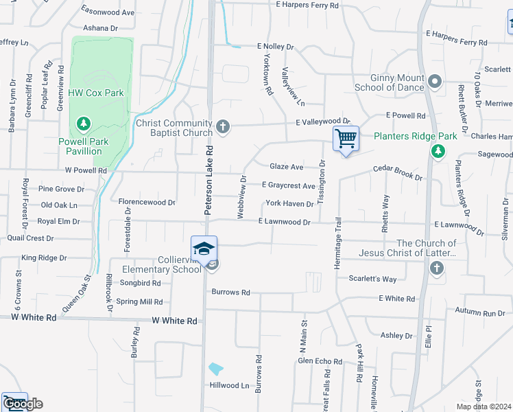 map of restaurants, bars, coffee shops, grocery stores, and more near 122 York Haven Drive in Collierville