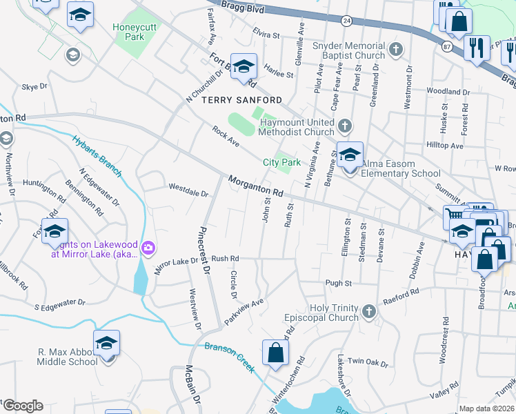 map of restaurants, bars, coffee shops, grocery stores, and more near 121 Judd Street in Fayetteville