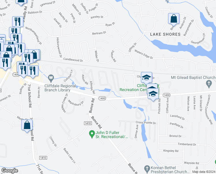 map of restaurants, bars, coffee shops, grocery stores, and more near 661 Bartons Landing Place in Fayetteville