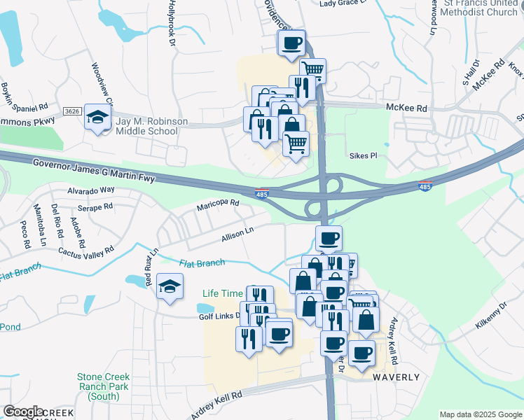 map of restaurants, bars, coffee shops, grocery stores, and more near 12347 Red Rust Lane in Charlotte