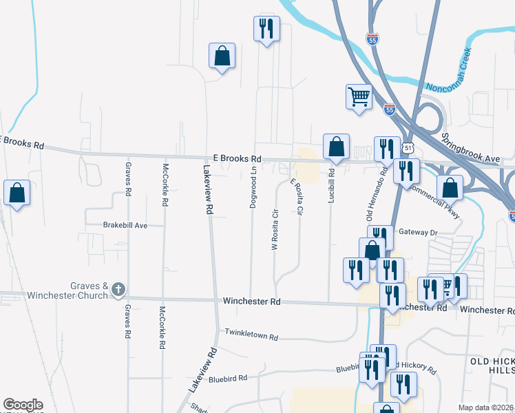 map of restaurants, bars, coffee shops, grocery stores, and more near 3264 Dogwood Lane in Memphis