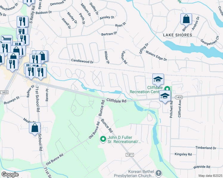 map of restaurants, bars, coffee shops, grocery stores, and more near 663 Bartons Landing Place in Fayetteville