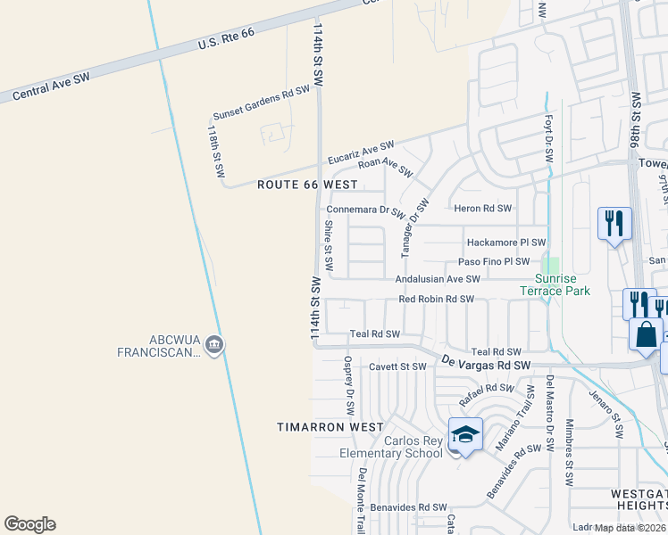 map of restaurants, bars, coffee shops, grocery stores, and more near 819 Shire Street Southwest in Albuquerque