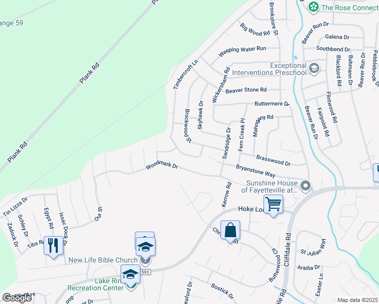 map of restaurants, bars, coffee shops, grocery stores, and more near 6812 Timbercroft Lane in Fayetteville