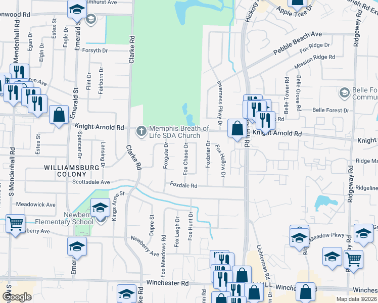 map of restaurants, bars, coffee shops, grocery stores, and more near 3278 Fox Chase Drive in Memphis