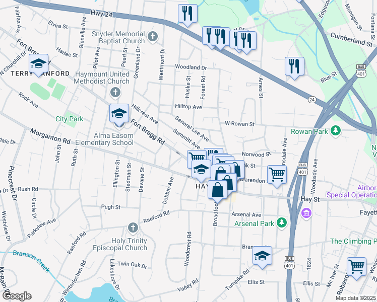 map of restaurants, bars, coffee shops, grocery stores, and more near 205 Claremont Street in Fayetteville
