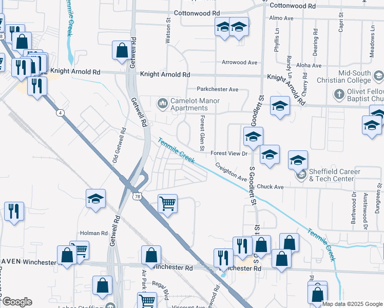 map of restaurants, bars, coffee shops, grocery stores, and more near 4067 Forest View Drive in Memphis