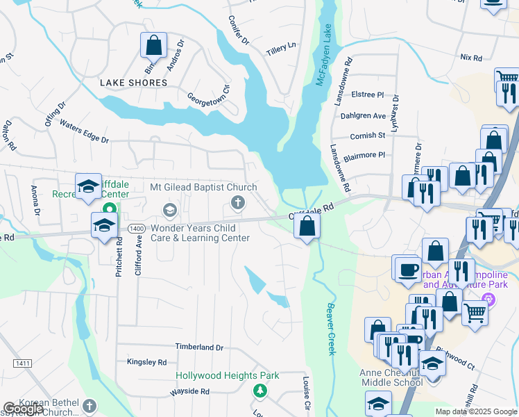 map of restaurants, bars, coffee shops, grocery stores, and more near 537 Mill Cove in Fayetteville