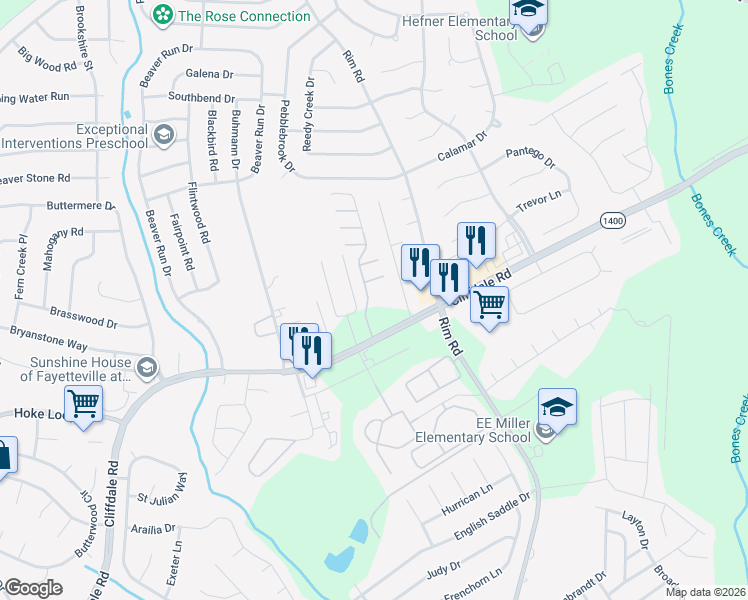 map of restaurants, bars, coffee shops, grocery stores, and more near 1317 Braybrooke Place in Fayetteville