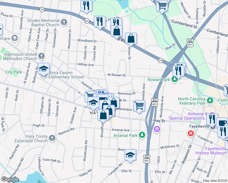 map of restaurants, bars, coffee shops, grocery stores, and more near 1106 Norwood Street in Fayetteville