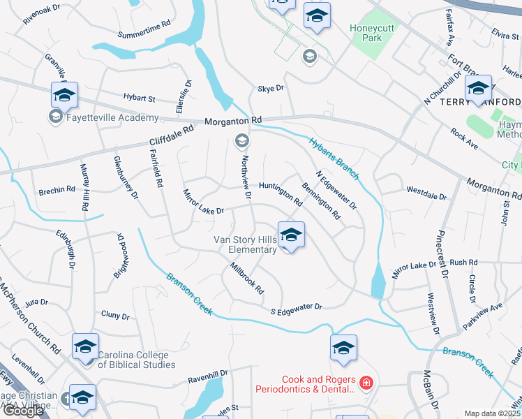 map of restaurants, bars, coffee shops, grocery stores, and more near 2721 Mirror Lake Drive in Fayetteville