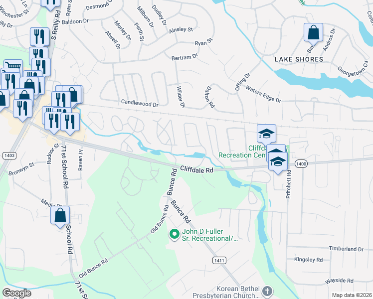 map of restaurants, bars, coffee shops, grocery stores, and more near 667 Bartons Landing Place in Fayetteville