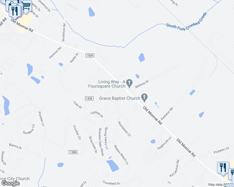 map of restaurants, bars, coffee shops, grocery stores, and more near 116 Aylesbury Lane in Indian Trail