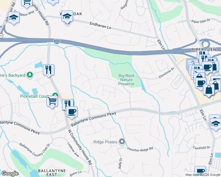 map of restaurants, bars, coffee shops, grocery stores, and more near 6709 Charter Hills Rd in Charlotte