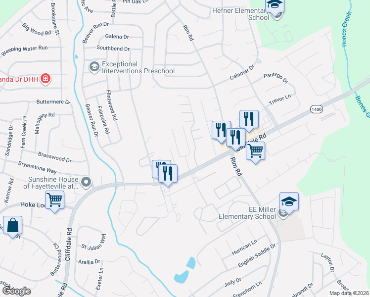 map of restaurants, bars, coffee shops, grocery stores, and more near 1151 Glen Iris Drive in Fayetteville