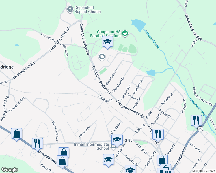 map of restaurants, bars, coffee shops, grocery stores, and more near 304 Shoreham Lane in Inman