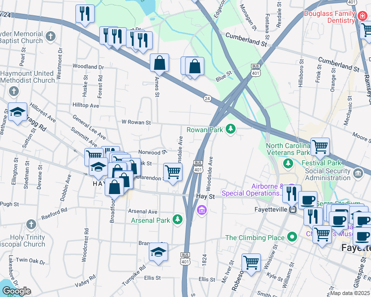 map of restaurants, bars, coffee shops, grocery stores, and more near 302 Hinsdale Avenue in Fayetteville