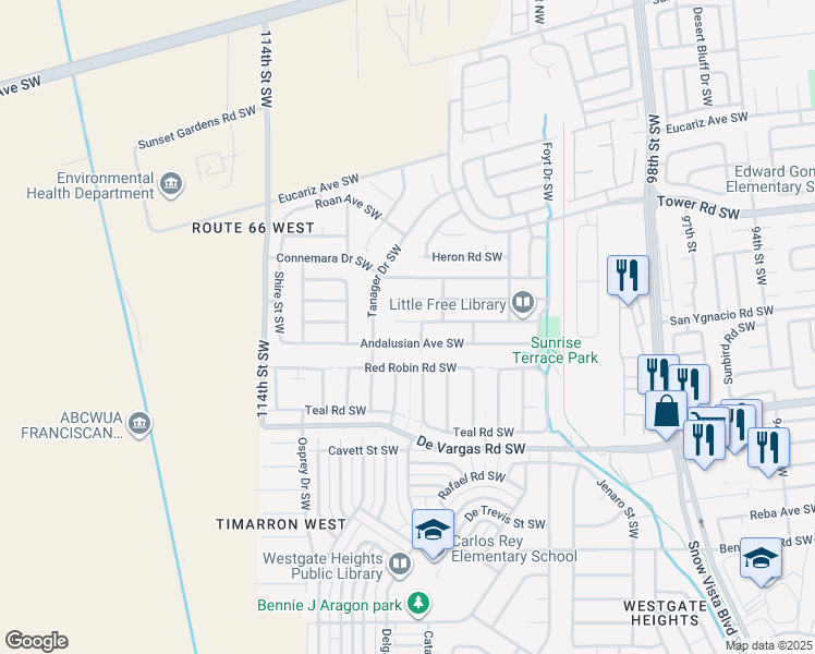 map of restaurants, bars, coffee shops, grocery stores, and more near 10608 Paso Fino Place Southwest in Albuquerque