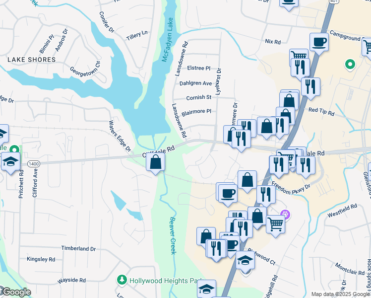 map of restaurants, bars, coffee shops, grocery stores, and more near 6105 Cliffdale Road in Fayetteville