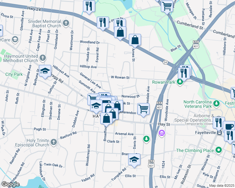 map of restaurants, bars, coffee shops, grocery stores, and more near 1106 Norwood Street in Fayetteville
