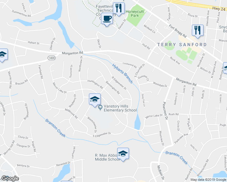 map of restaurants, bars, coffee shops, grocery stores, and more near 2621 Bennington Road in Fayetteville