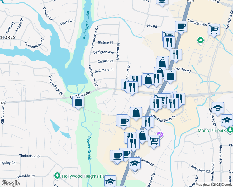 map of restaurants, bars, coffee shops, grocery stores, and more near 402 Woodstream Trail in Fayetteville