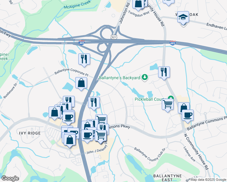 map of restaurants, bars, coffee shops, grocery stores, and more near 13303 Ballantyne Corporate Place in Charlotte