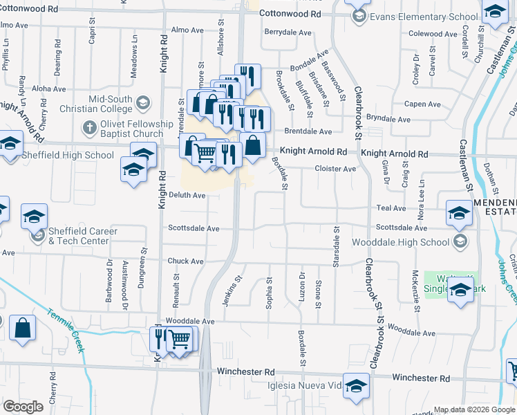map of restaurants, bars, coffee shops, grocery stores, and more near 3259 Boxdale Cove in Memphis