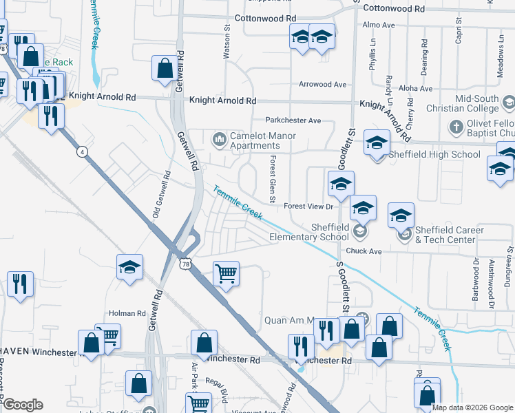 map of restaurants, bars, coffee shops, grocery stores, and more near 4067 Forest View Drive in Memphis