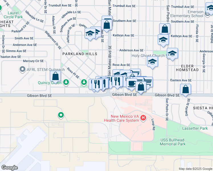 map of restaurants, bars, coffee shops, grocery stores, and more near 1425 San Mateo Boulevard Southeast in Albuquerque