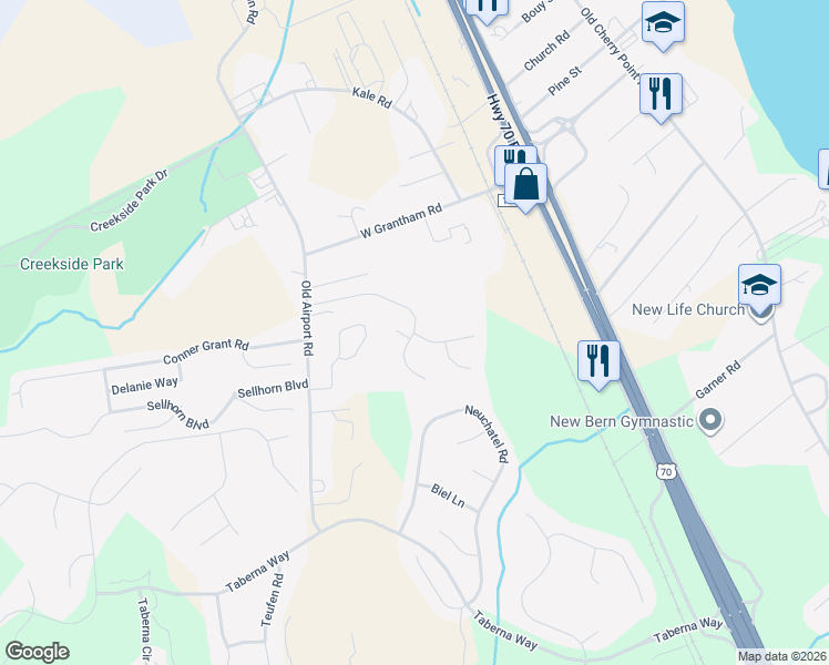 map of restaurants, bars, coffee shops, grocery stores, and more near 5 Hidden Pond Drive in New Bern