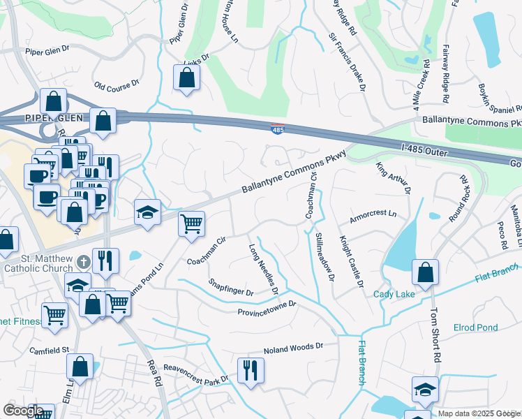 map of restaurants, bars, coffee shops, grocery stores, and more near 7126 Powder Mill Place in Charlotte