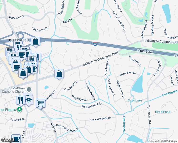 map of restaurants, bars, coffee shops, grocery stores, and more near 7126 Powder Mill Place in Charlotte